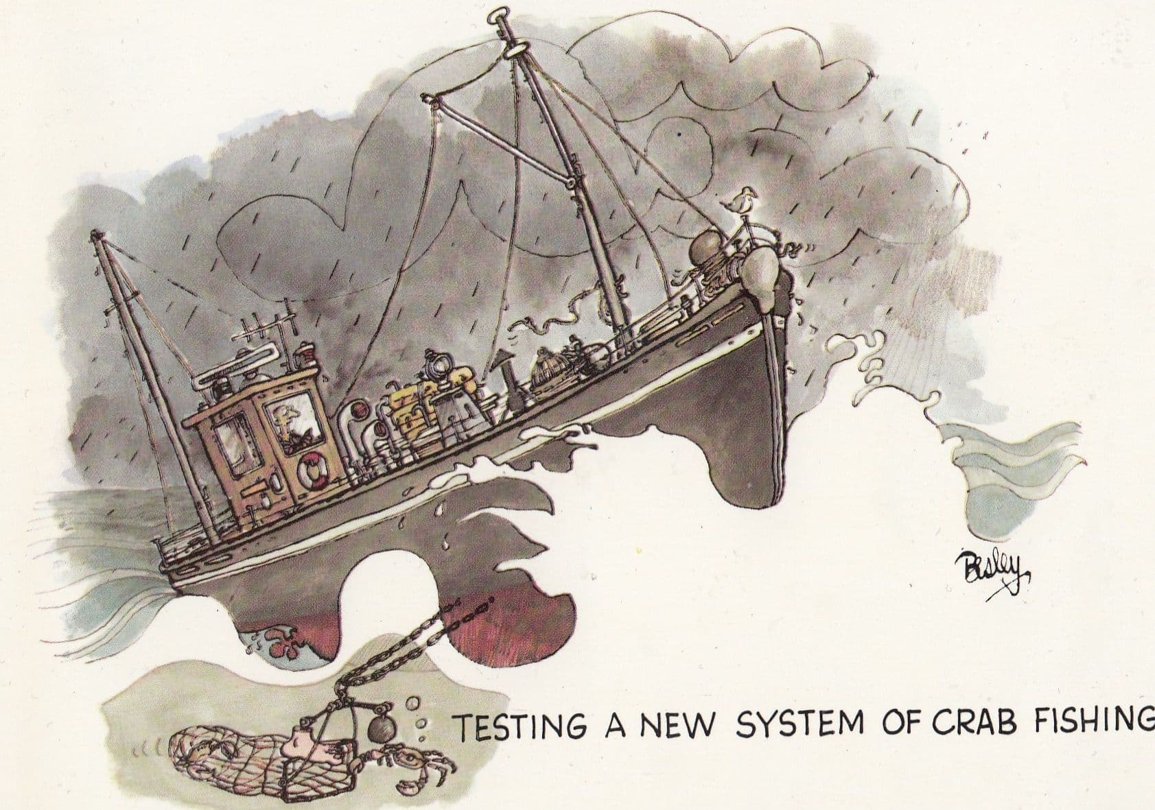 Crab Fishing Shipwreck Comic Postcard