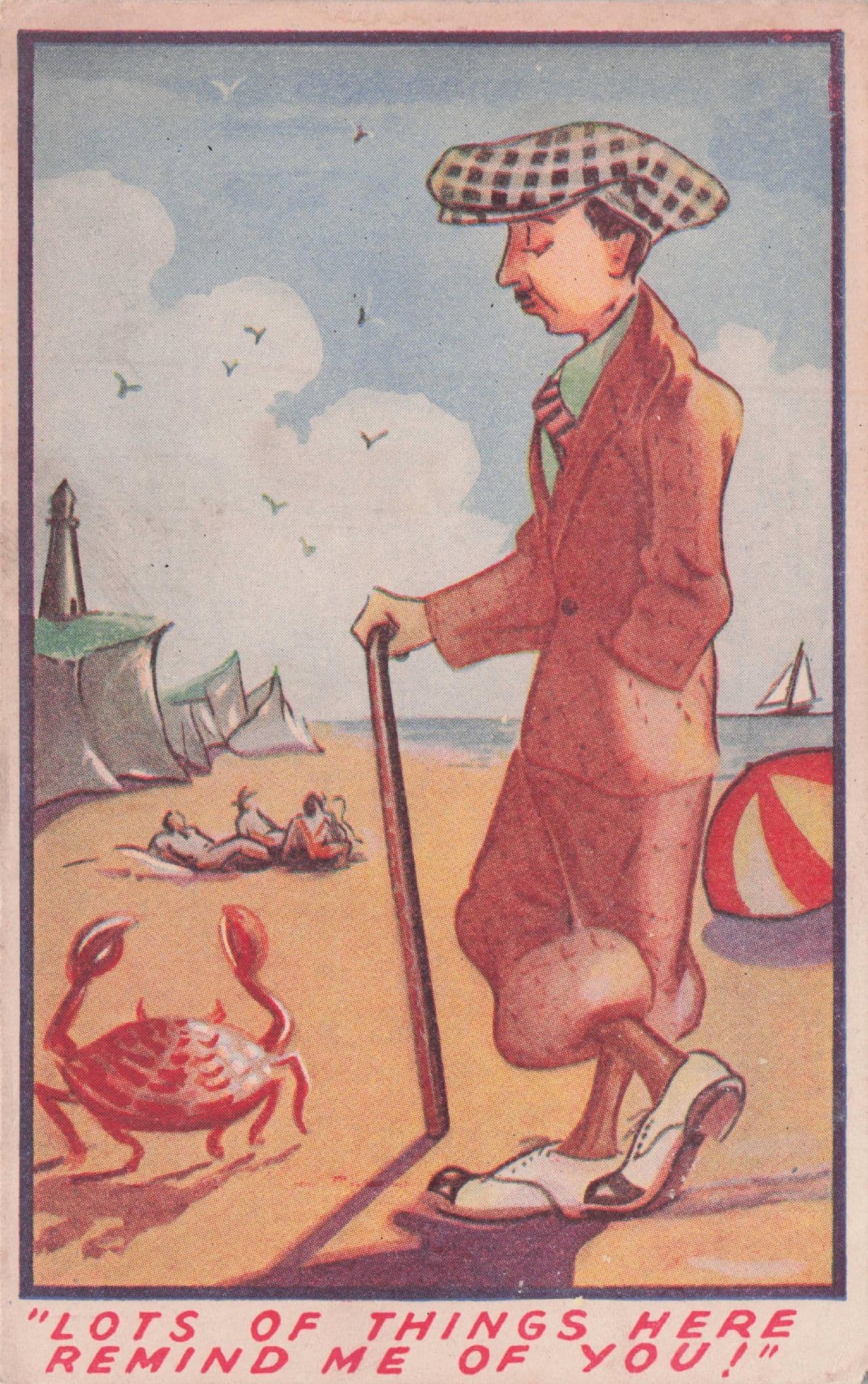 Crabs Sea Fish Pincers Sailing Boat Beach Antique Comic Postcard