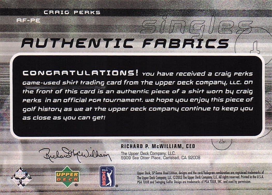 Craig Perks Authentic Fabrics Singles 2003 Golf Upper Deck Worn Shirt Card