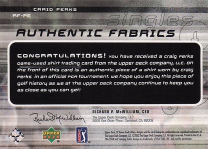Craig Perks Authentic Fabrics Singles 2003 Golf Upper Deck Worn Shirt Card