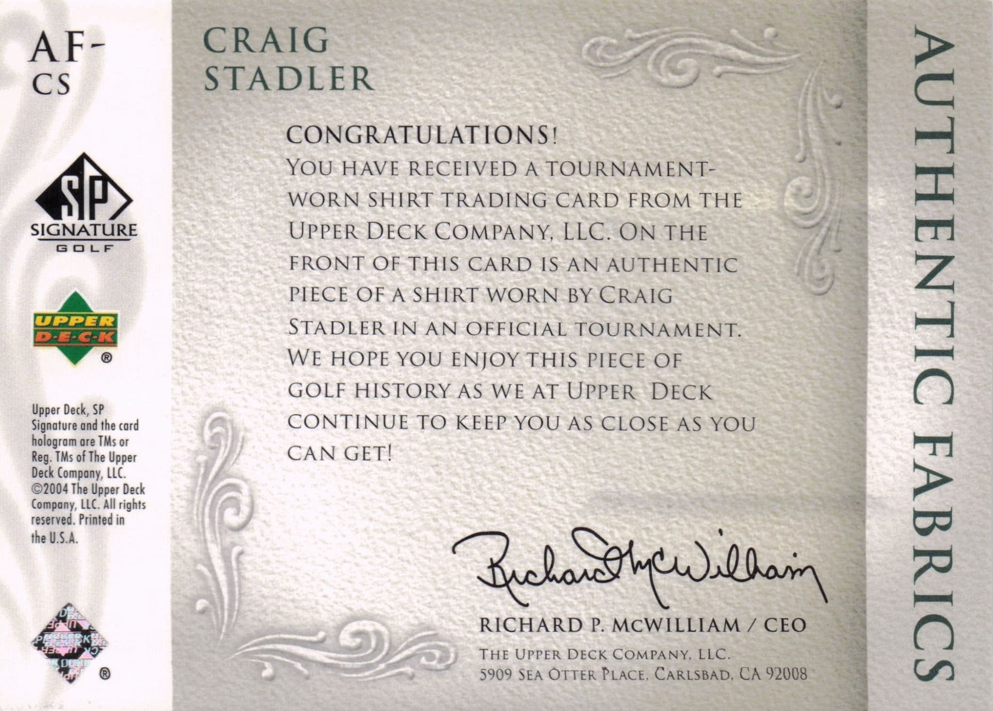 Craig Stadler Authentic Fabrics 2004 Upper Deck Real Golf Shirt Card