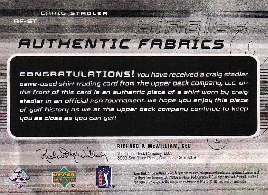 Craig Stadler Authentic Fabrics Singles 2003 Golf Upper Deck Worn Shirt Card