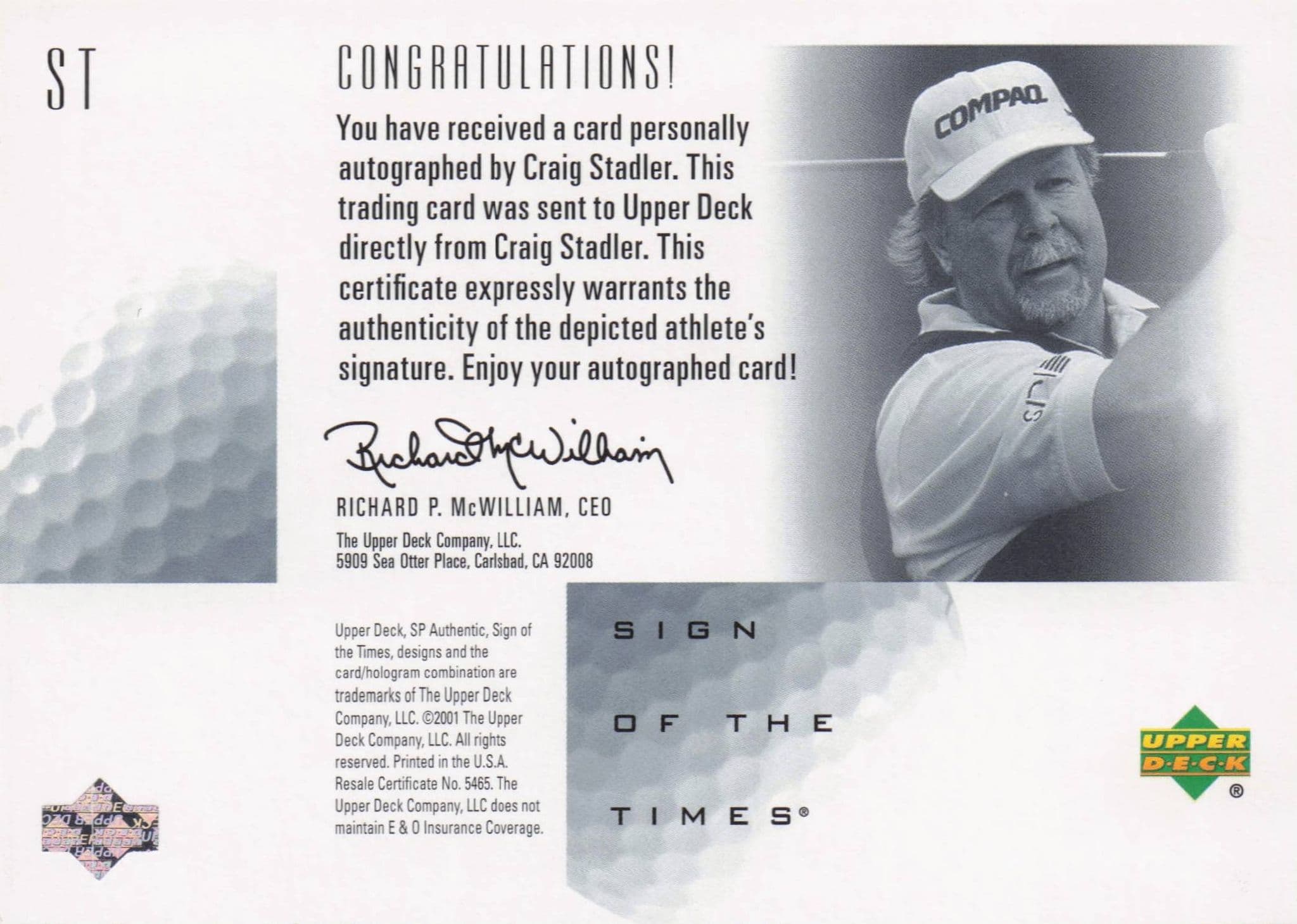 Craig Stadler Sign Of The Times Hand Signed 2001 SP Golf Autograph Card