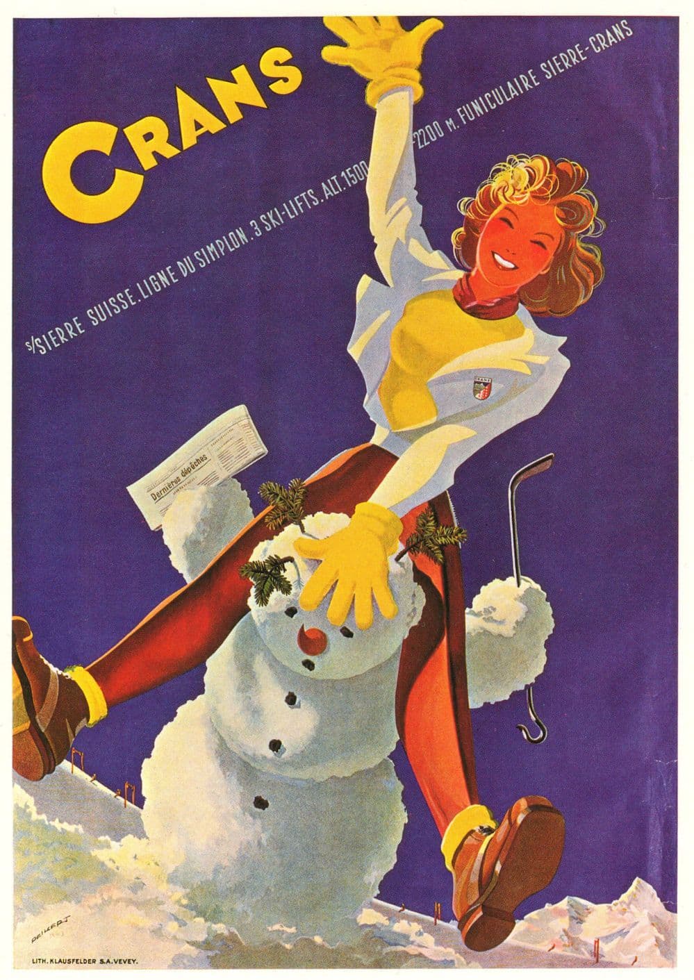 Crans Swiss Lady Dancing On Snowman Ski Lifts in WW2 Poster Postcard