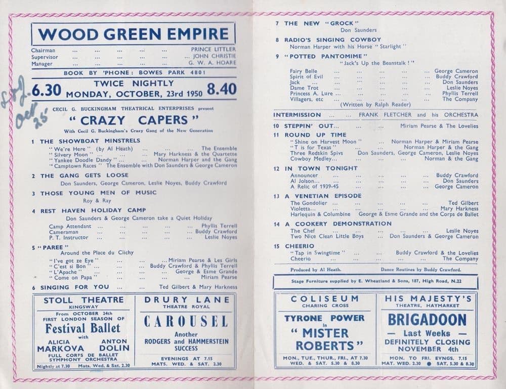 Crazy Gang Capers Musical Comedy Wood Green London Theatre Programme