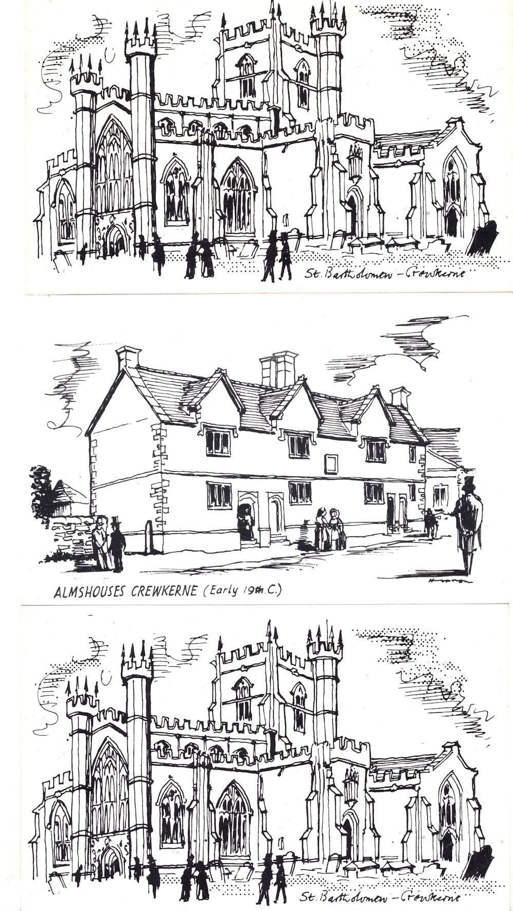 Crewkerne Somerset Almshouses 3x Artist Painting Postcard s