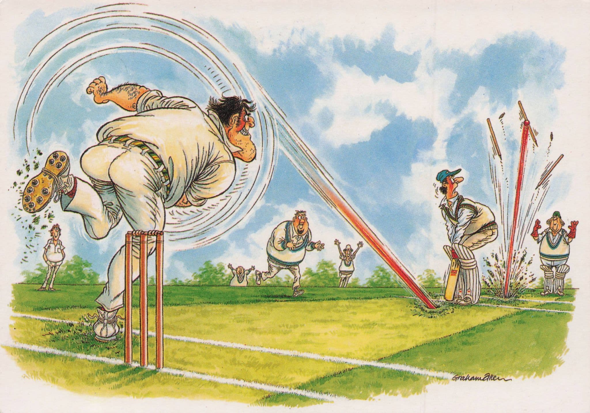 Cricket Match Wicket Howzat Bat Flying Comic Sports Postcard