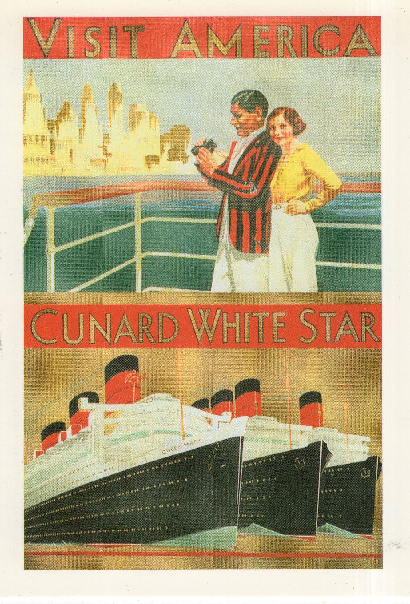 Cunard White Star Line Visit America Old Poster Postcard
