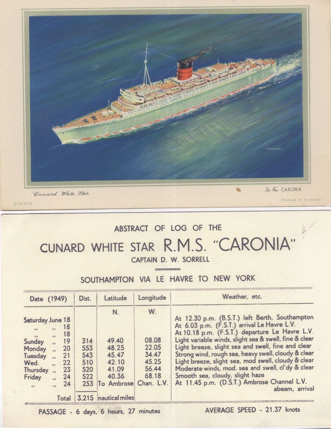 Cunard White Star Lines RMS Caronia Old Tarriff Postcard