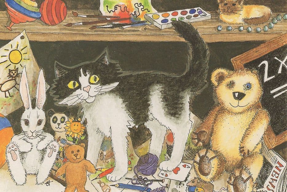 Cupboard Cats Blackboard Teddy Playing Cards Painting Postcard