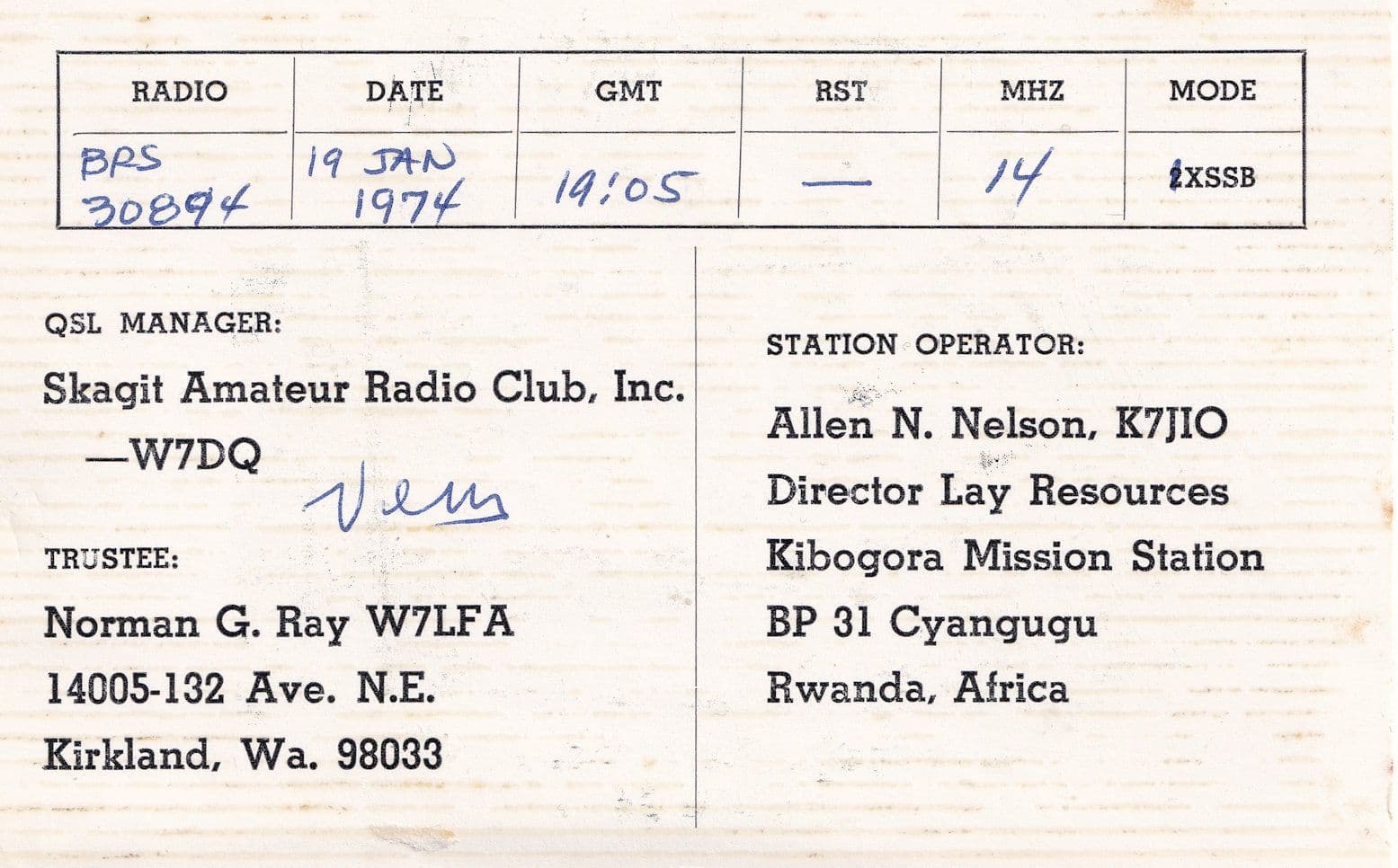 Cyangugu Rwanda Africa QSL 1970s Amateur Radio Card