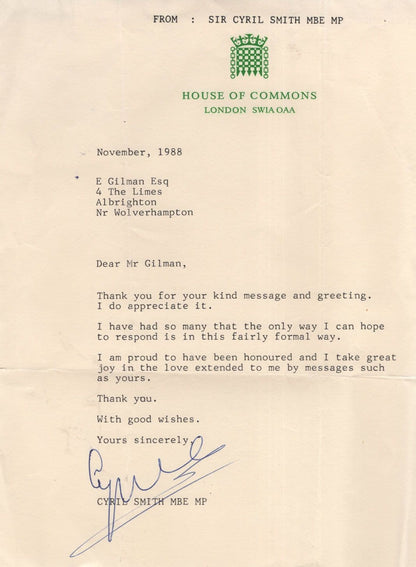Cyril Smith 2x Autograph House Of Commons Letter & Hand Signed Photo Bundle