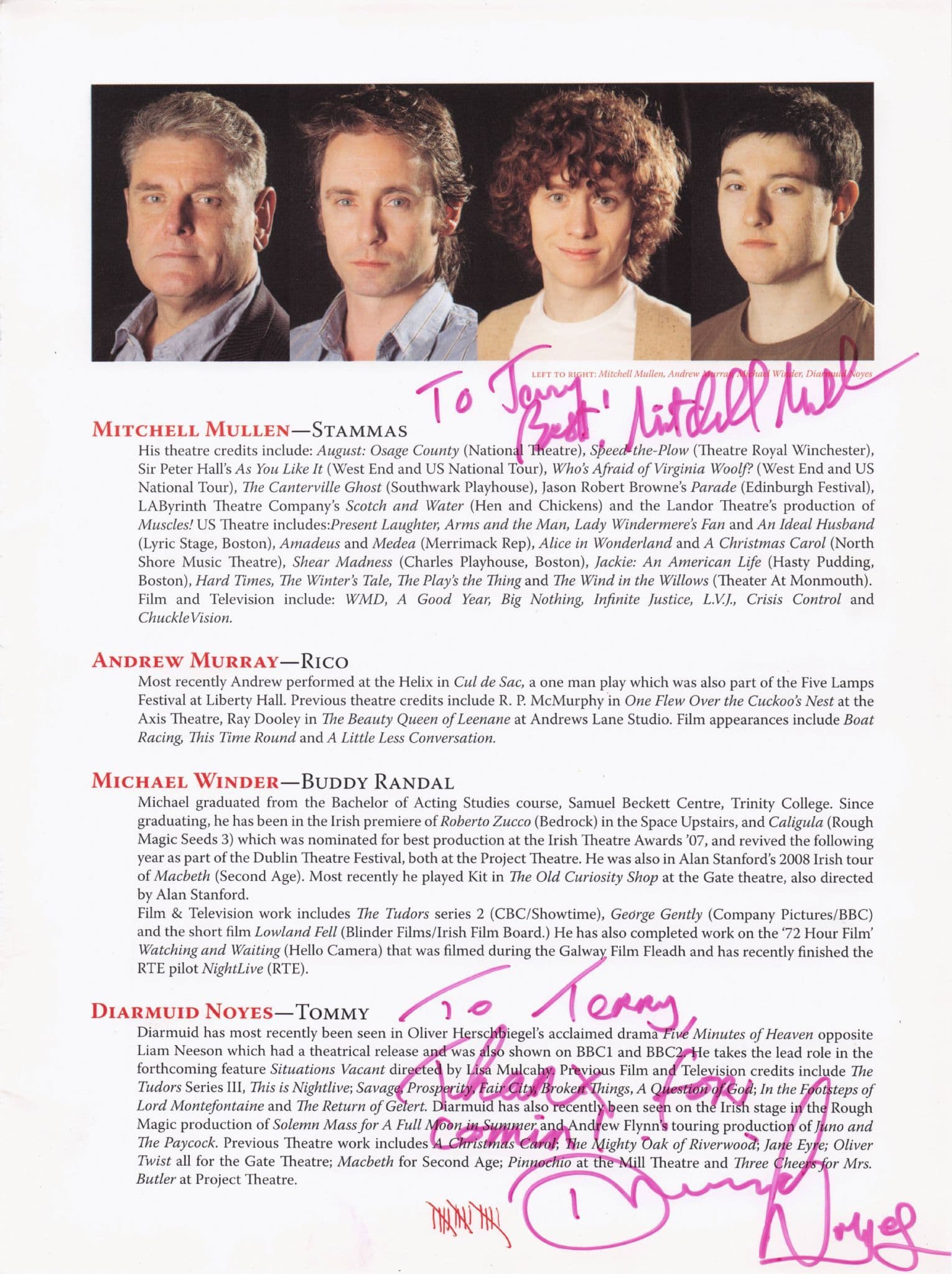 Dairmuid Noyes Mitchell Mullen 2x Hand Signed Theatre Page