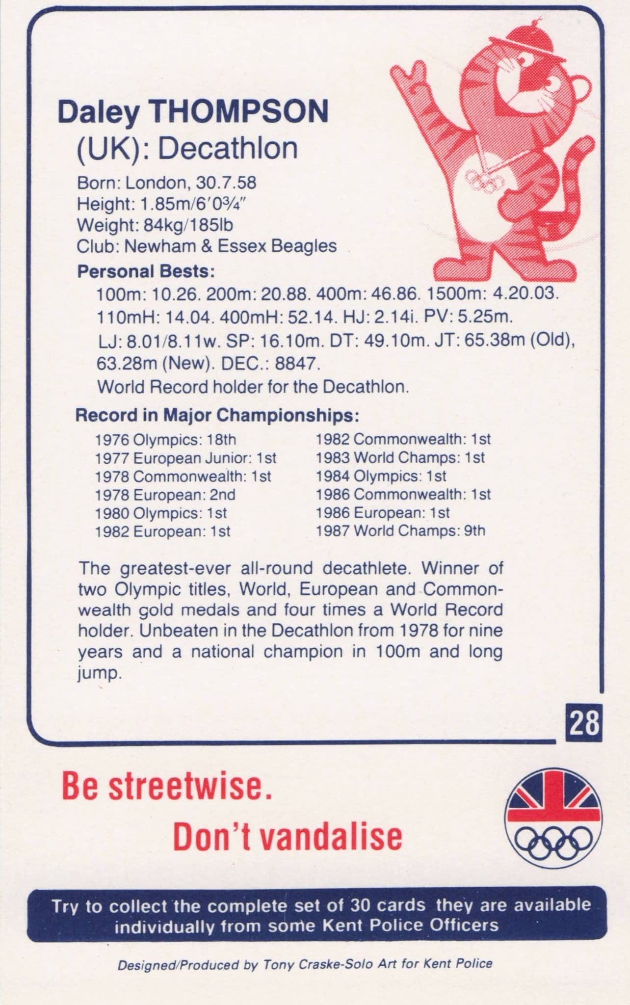 Daley Thompson British GB Athlete Olympics 1988 Rare Police Trade Photo Card