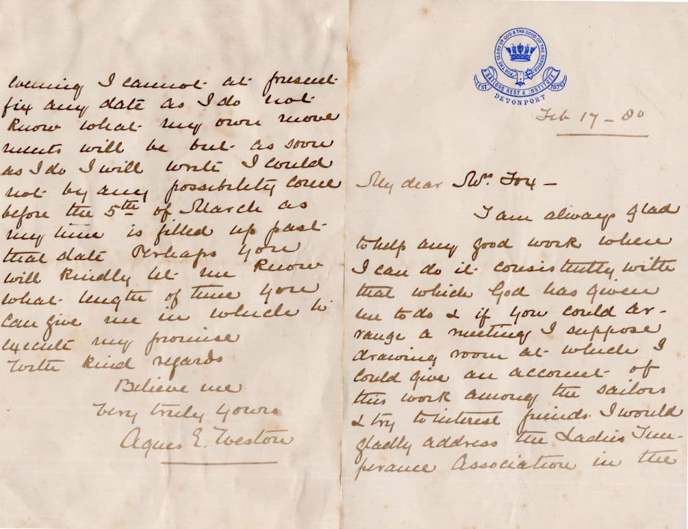 Dame Agnes Weston Sailors Rest Institute Founder Victorian Hand Written Signed Letter