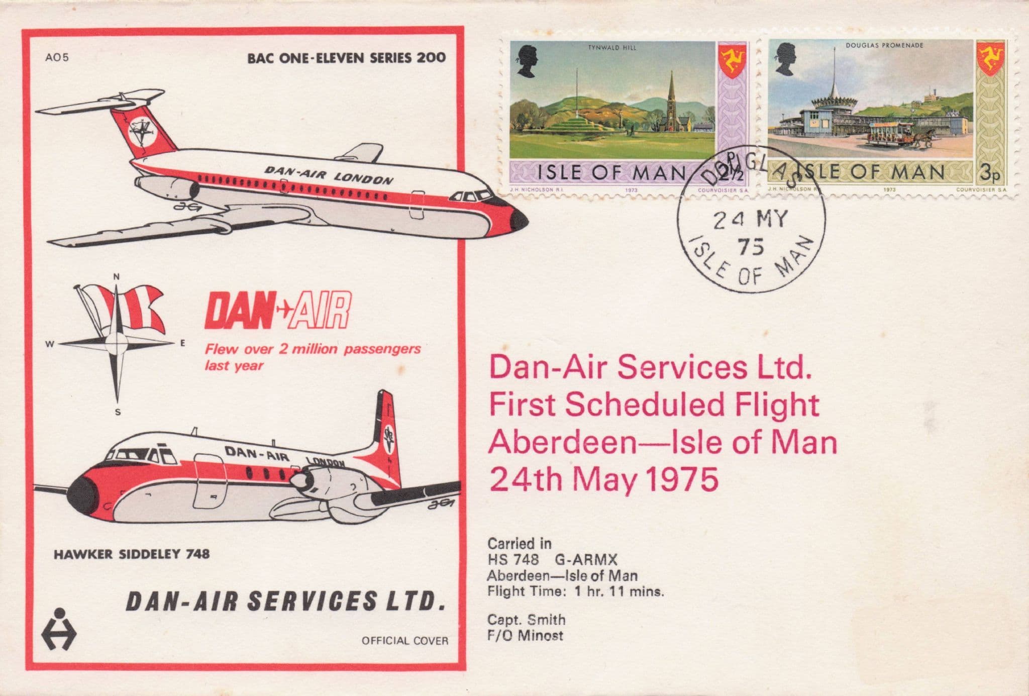 Dan Air Plane First Flight Isle Of Man Aberdeen 1975 Day Cover FDC