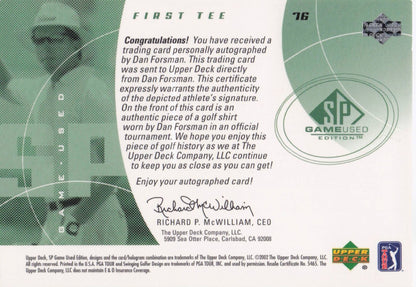 Dan Forsman First Tee 2002 Golf Upper Deck Hand Signed Worn Shirt Card
