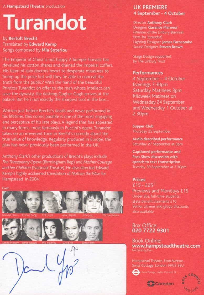 Daniel York The Beach Rogue Trader Turandot Hampstead Hand Signed Theatre Flyer