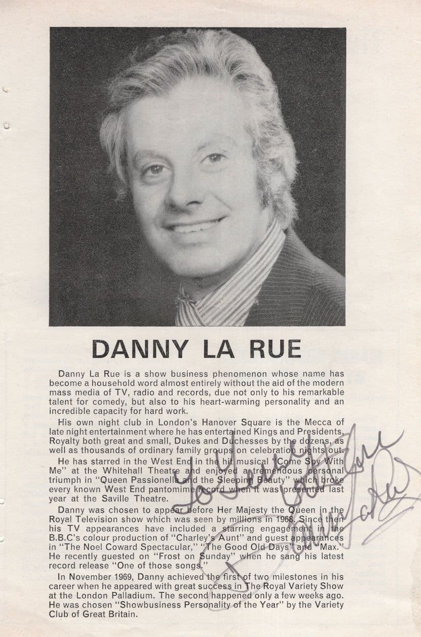 Danny La Rue Hand Signed Theatre Page Royal TV Show Night Club
