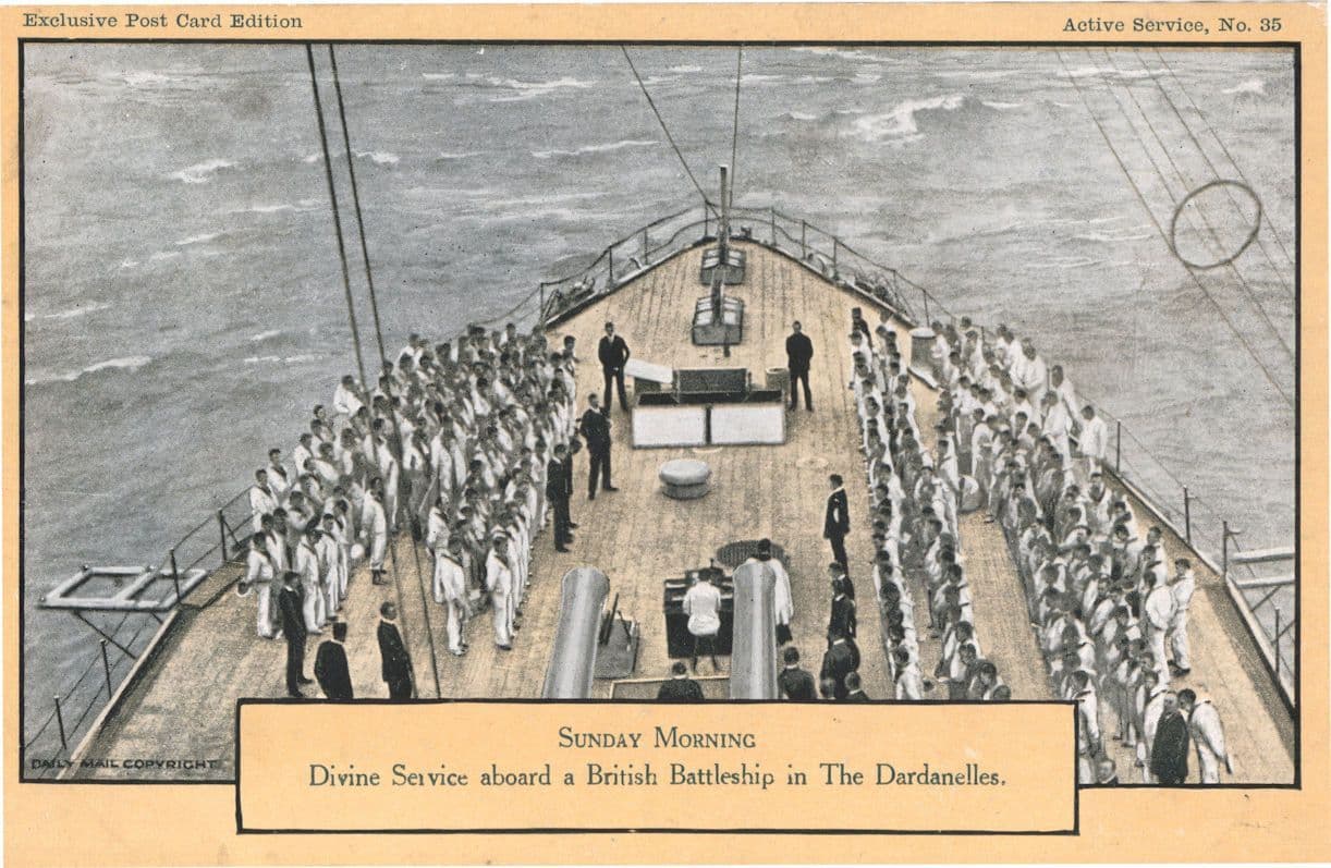 Dardenelles WW1 British War Battle Ship Sunday Divine Service Old Postcard