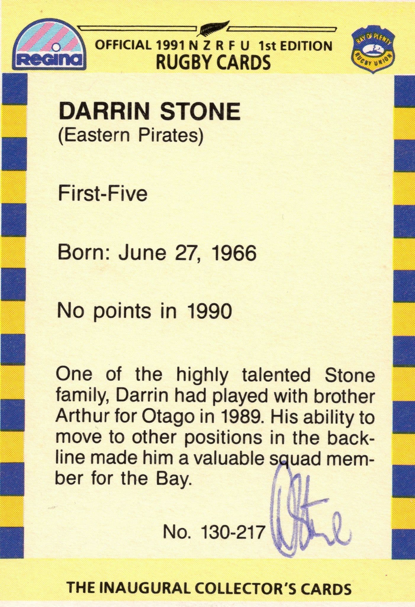 Darrin Stone Bay Of Plenty 1991 Hand Signed Rugby Card Photo