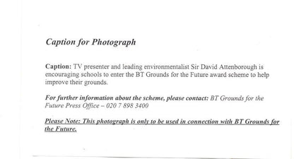David Attenborough School Grounds BT Campaign Vintage Press Photo