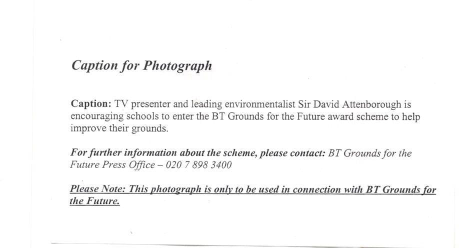 David Attenborough School Grounds BT Campaign Vintage Press Photo