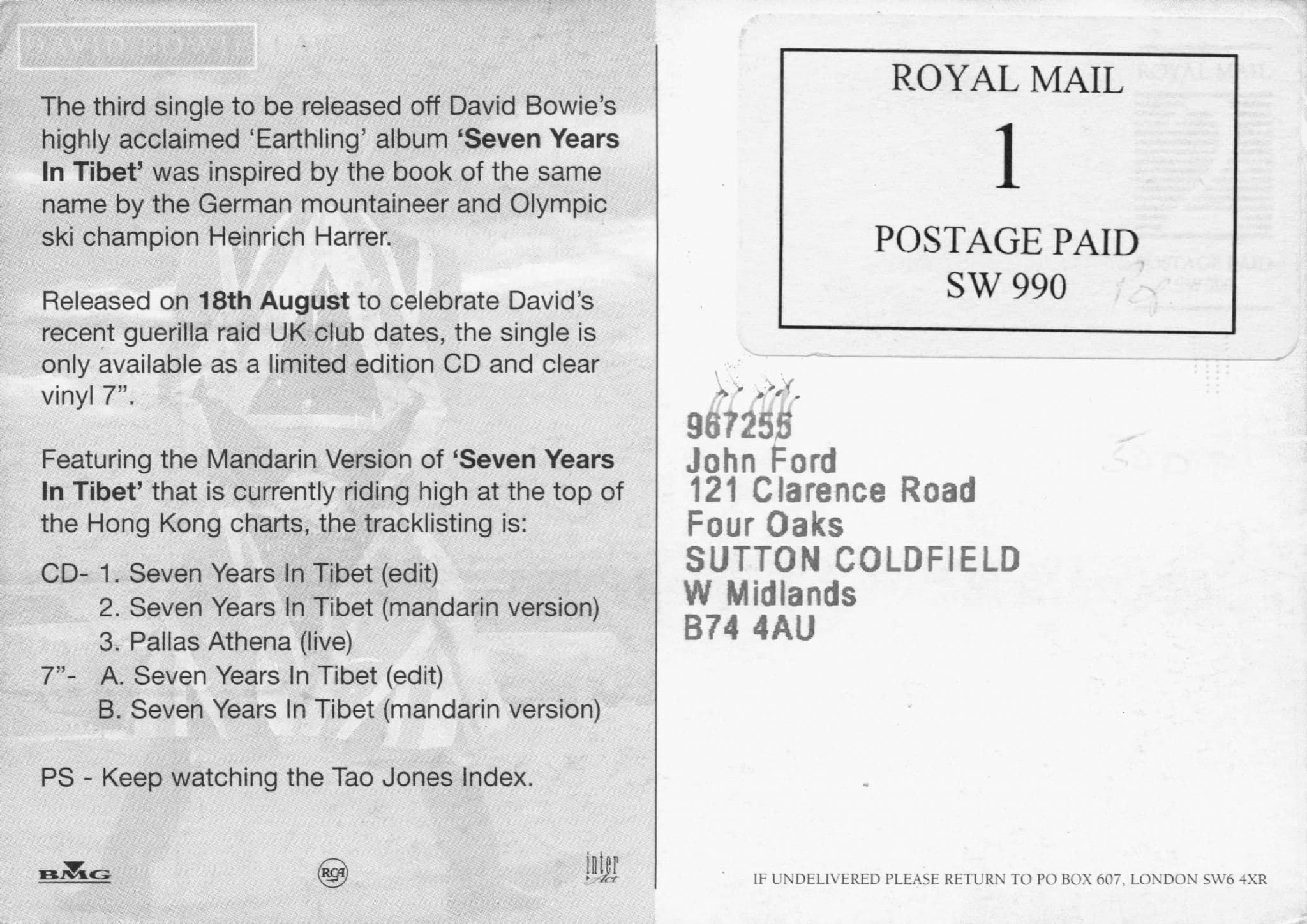 David Bowie Seven Years In Tibet 1997 Promo CD Advertising Postcard