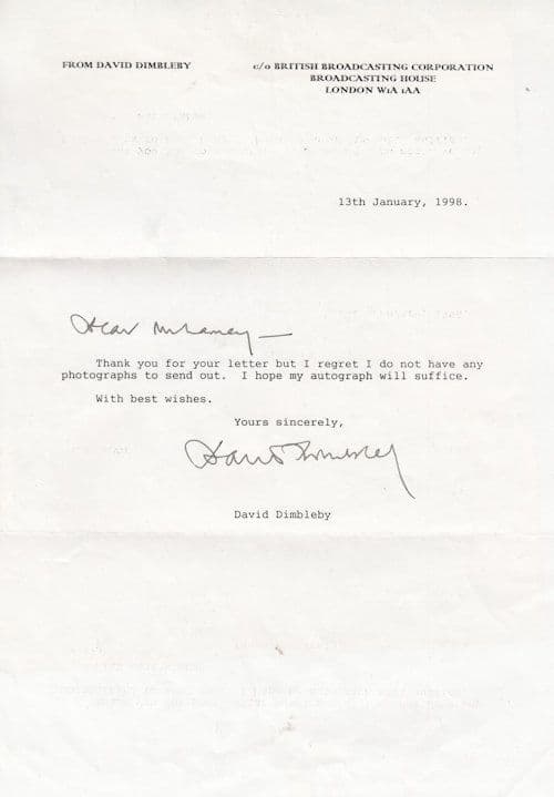 David Dimbleby I've No Photo Hand Signed Letter