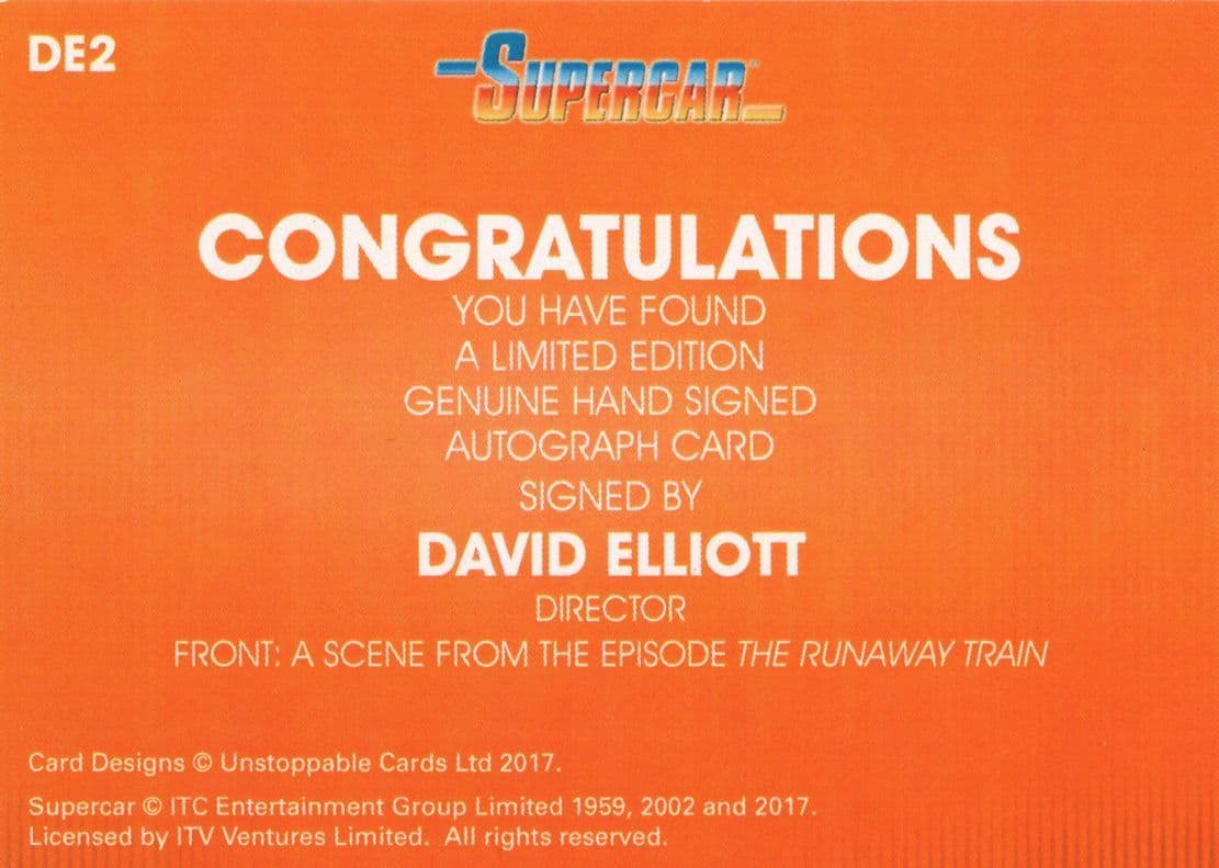 David Elliott Supercar Gerry Anderson's Hand Signed Card Photo