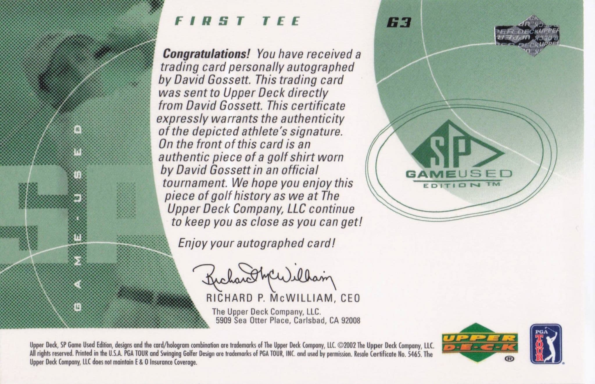 David Gossett Authentic Rookie 2002 Golf SP Hand Signed Autograph Card