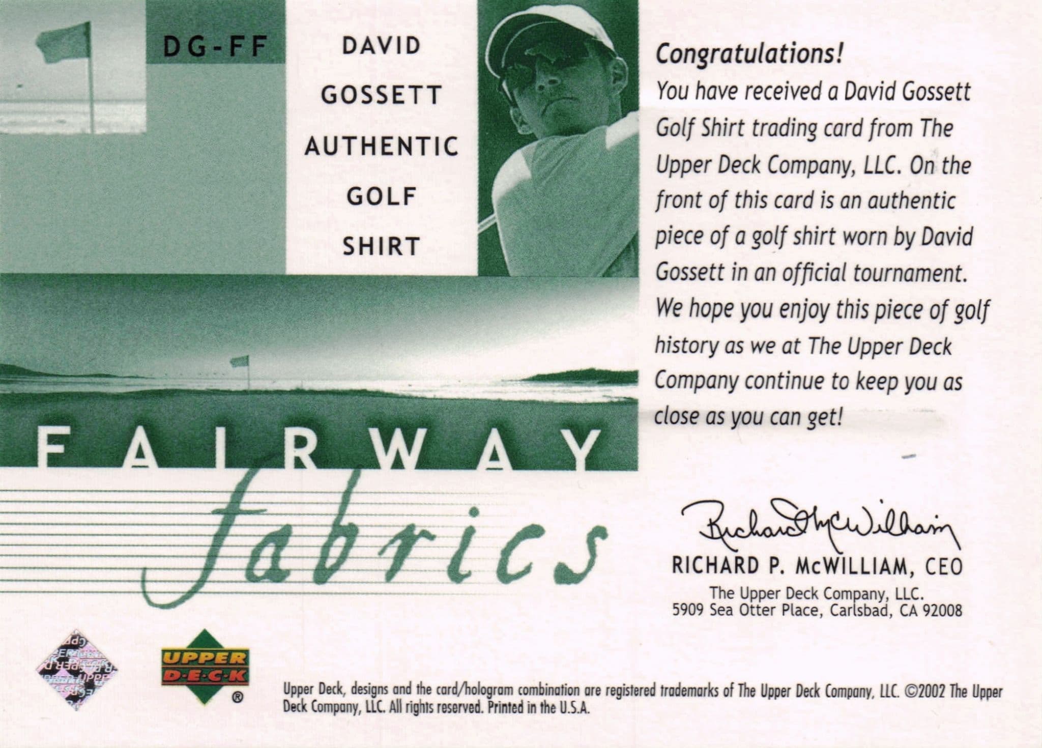 David Gossett Fairway Fabrics 2002 Golf Upper Deck Authentic Shirt Relic Card