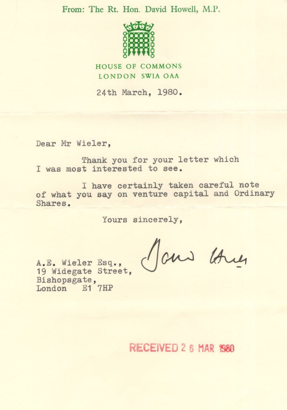 David Howell Conservative MP Of Railway Laws 1980s Hand Signed Letter