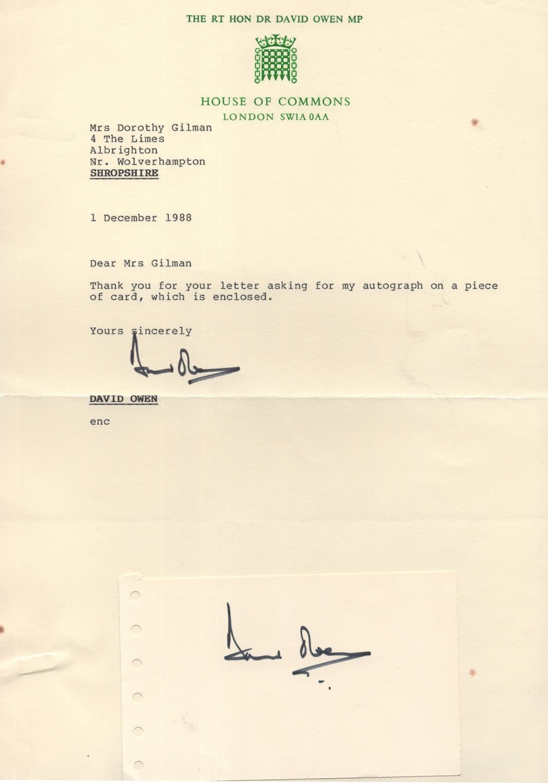David Owen MP House Of Commons 2x Hand Signed Letter & Autograph Card