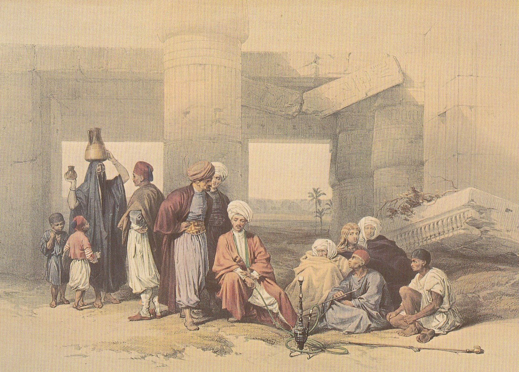 David Roberts Inhabitants at the Village Of Qurna Temple Sethos Painting Postcard