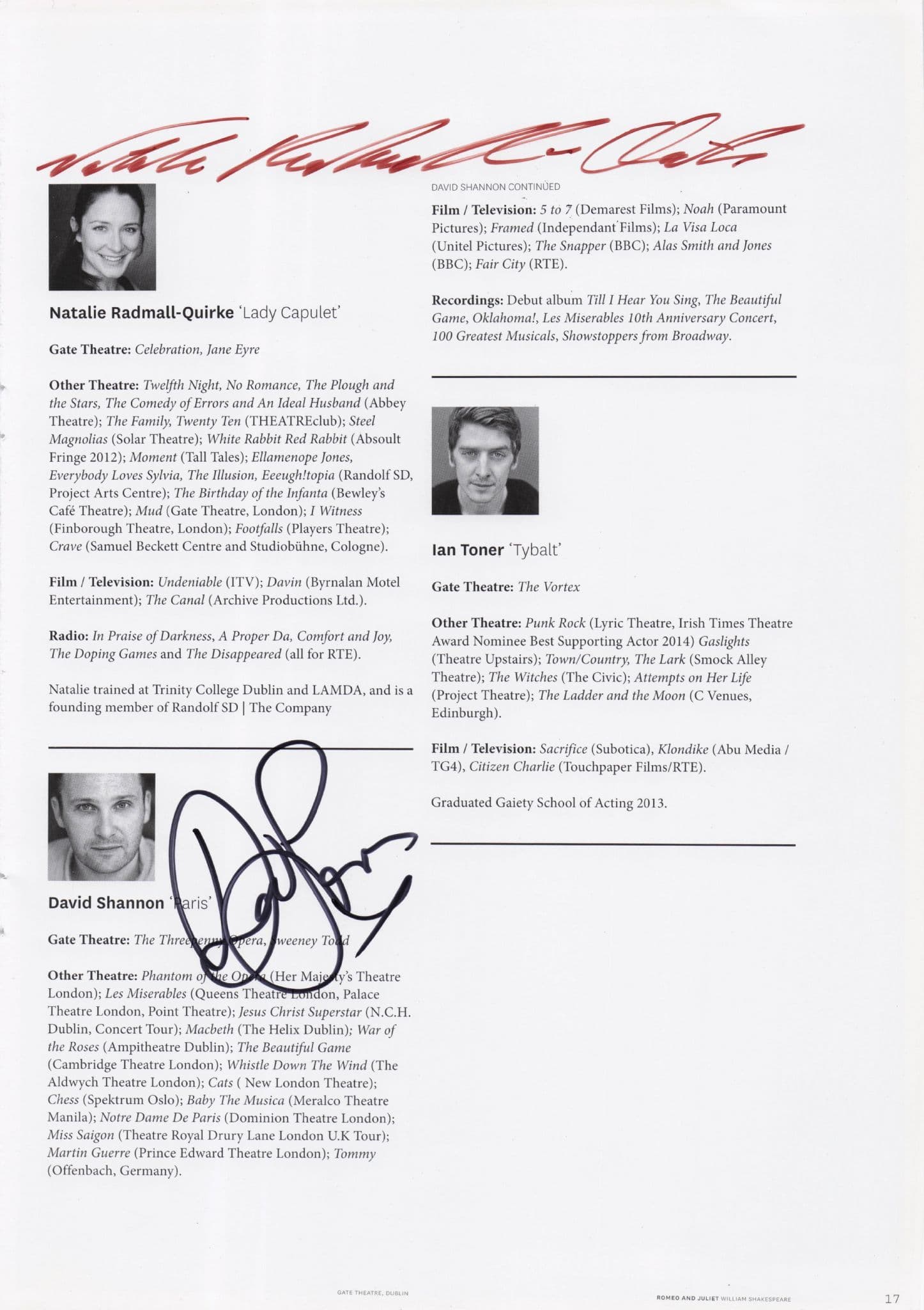 David Shannon Natalie Radmall-Quirke Hand Signed Photo Theatre Page