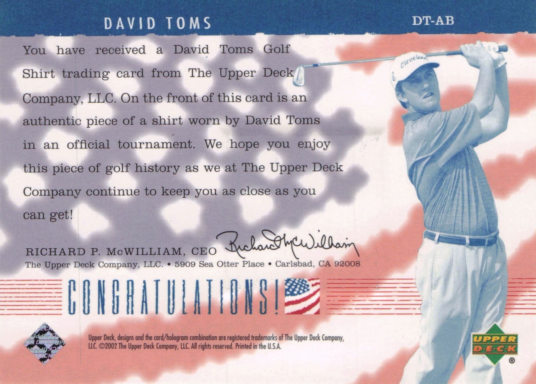 David Toms America's Best 2002 Upper Deck Real Worn Golf Shirt Card