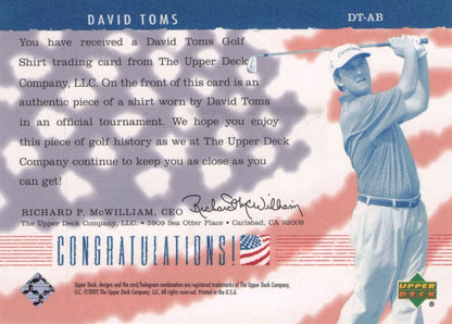 David Toms America's Best 2002 Upper Deck Real Worn Golf Shirt Card