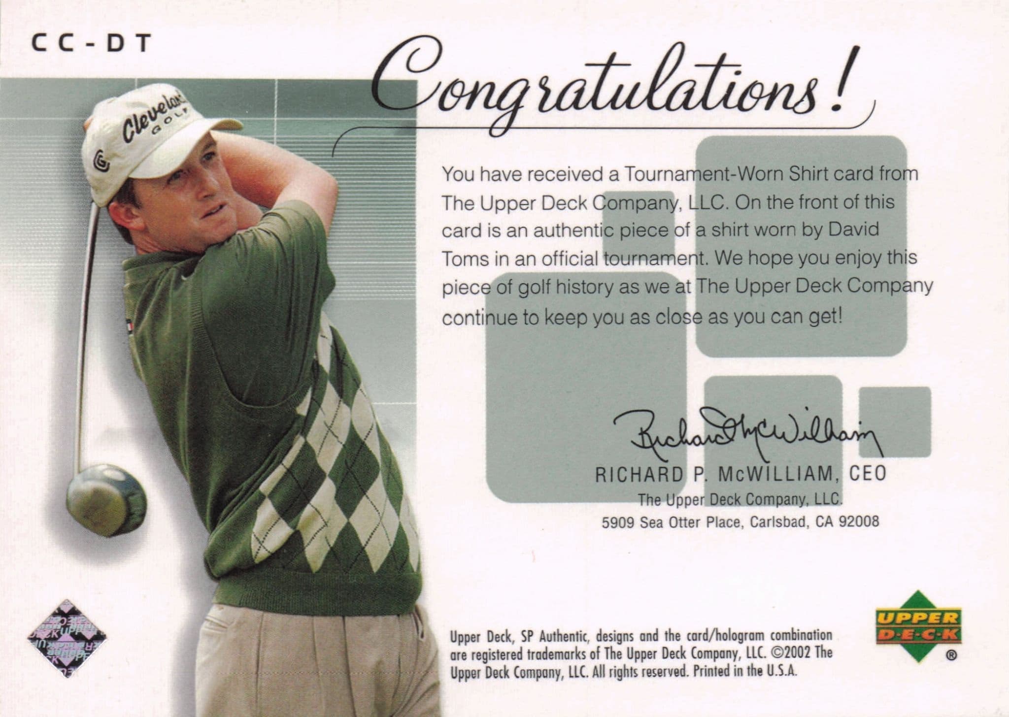 David Toms Course Classics Upper Deck 2002 Real Relic Golf Shirt Card