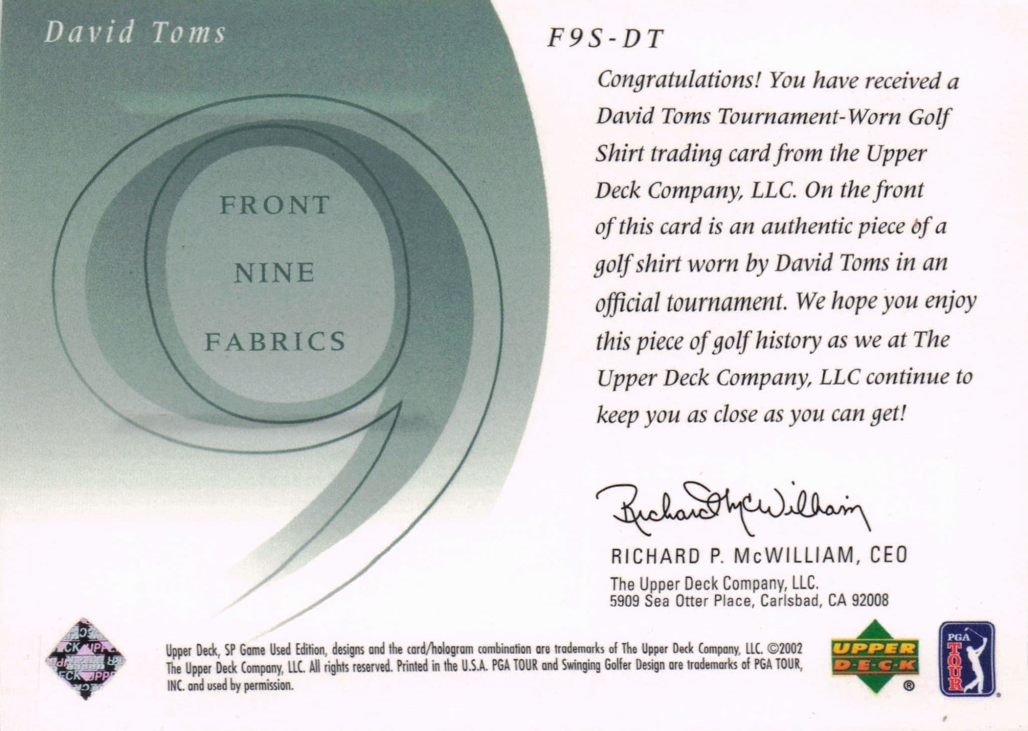 David Toms Front 9 Fabric 2002 Upper Deck Authentic Worn Relic Shirt Card
