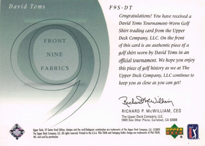 David Toms Front 9 Fabric 2002 Upper Deck Authentic Worn Relic Shirt Card