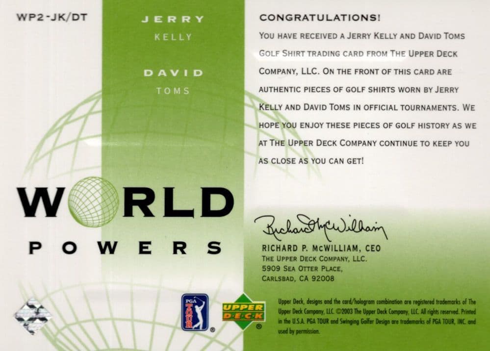 David Toms & Jerry Kelly World Powers Golf Upper Deck Relic Shirt Card