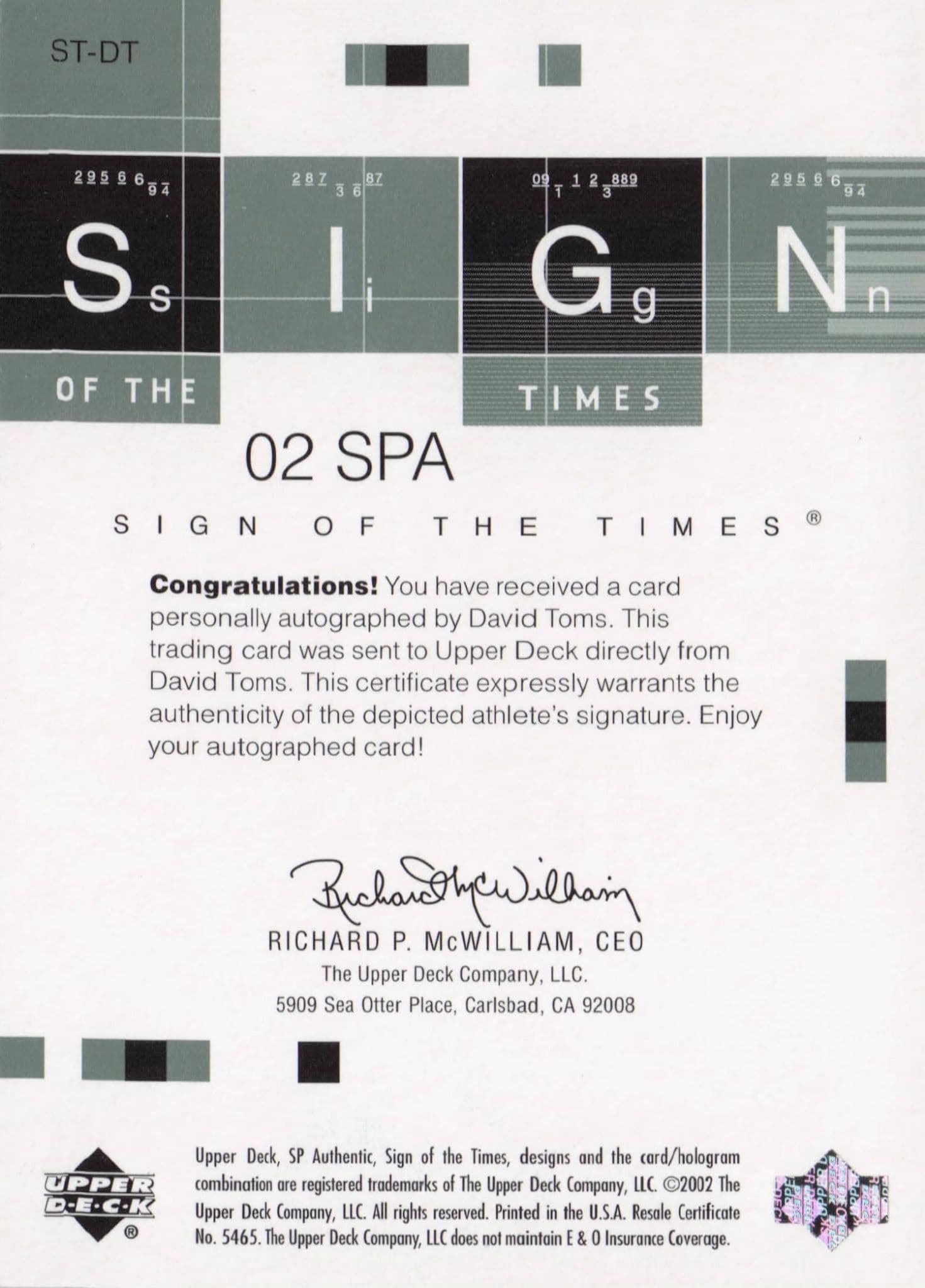 David Toms Sign Of The Times Hand Signed 2002 SP Golf Autograph Card