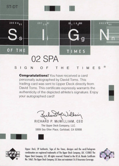 David Toms Sign Of The Times Hand Signed 2002 SP Golf Autograph Card