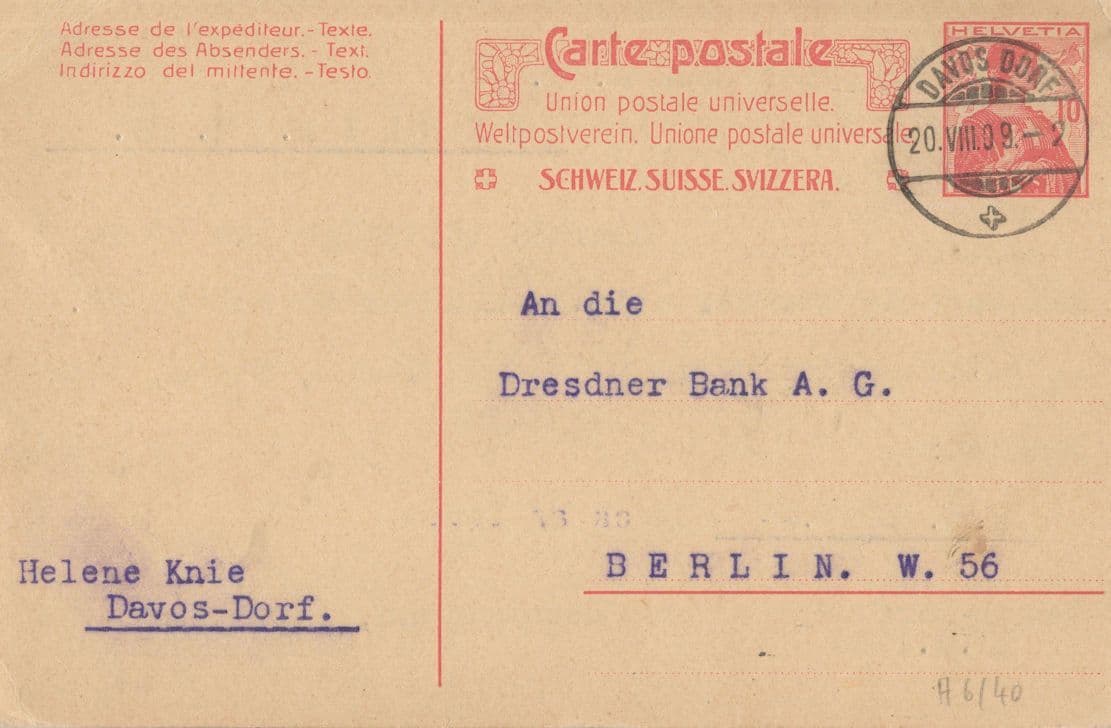 Davos Switzerland to Dresdner Bank Germany Old Postcard