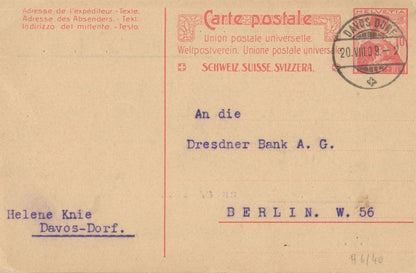 Davos Switzerland to Dresdner Bank Germany Old Postcard