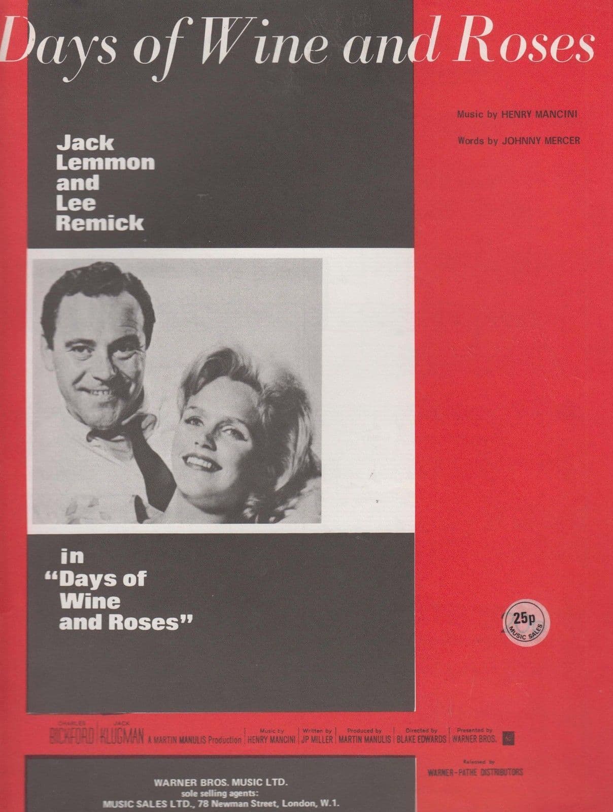 Days Of Wine & Roses Jack Lemmon 1970s Sheet Music