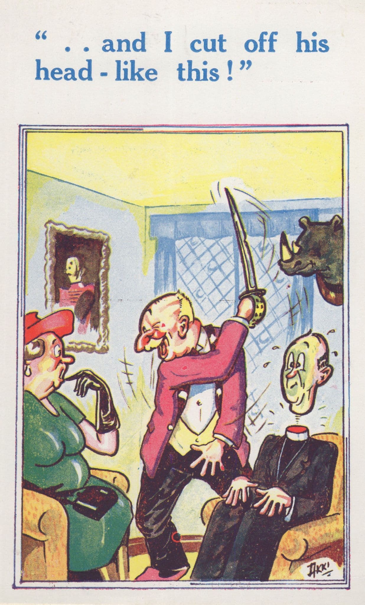 Decapitated Priest Beheading Barber 2x Comic Postcard s