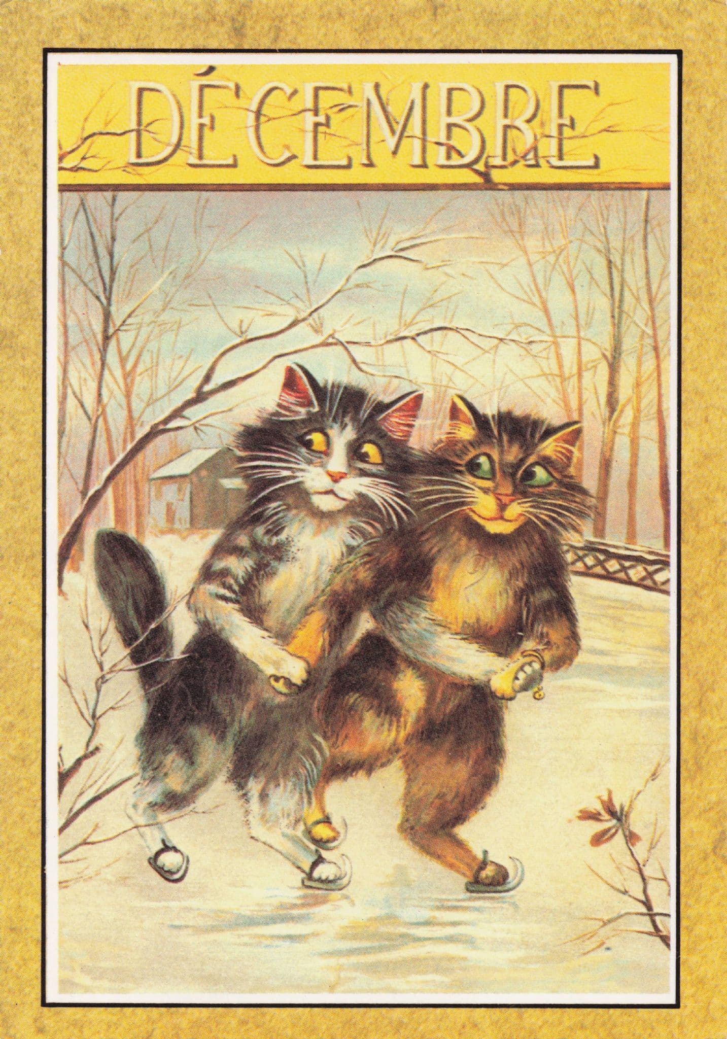 Decembre Cats Ice Lovers Skating Skaters Calendar French Cat Postcard