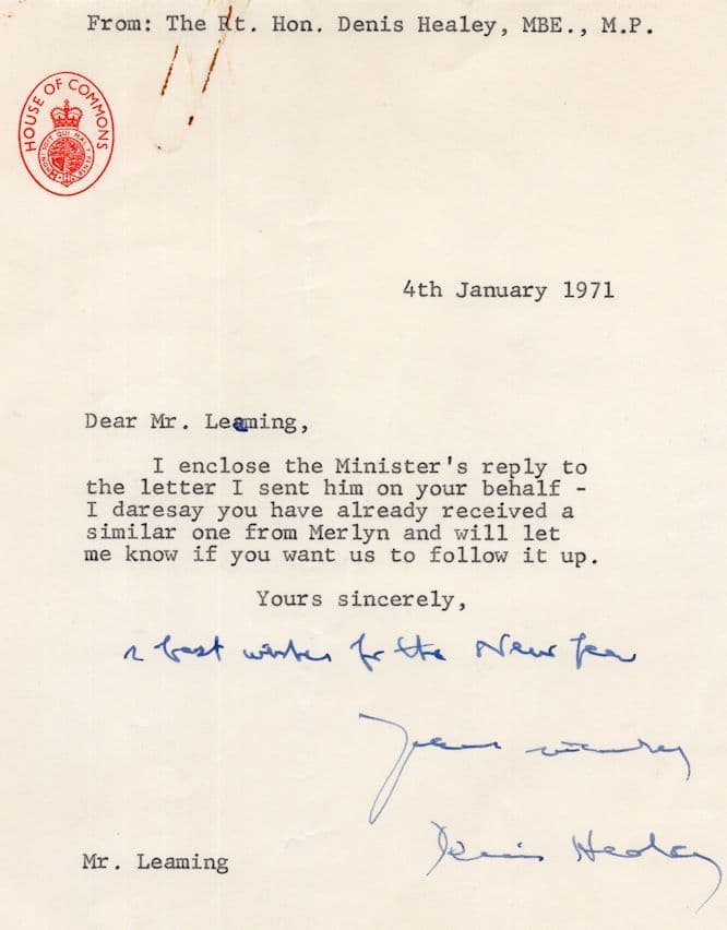 Denis Healey Vintage 1971 House Of Commons Hand Signed Letter